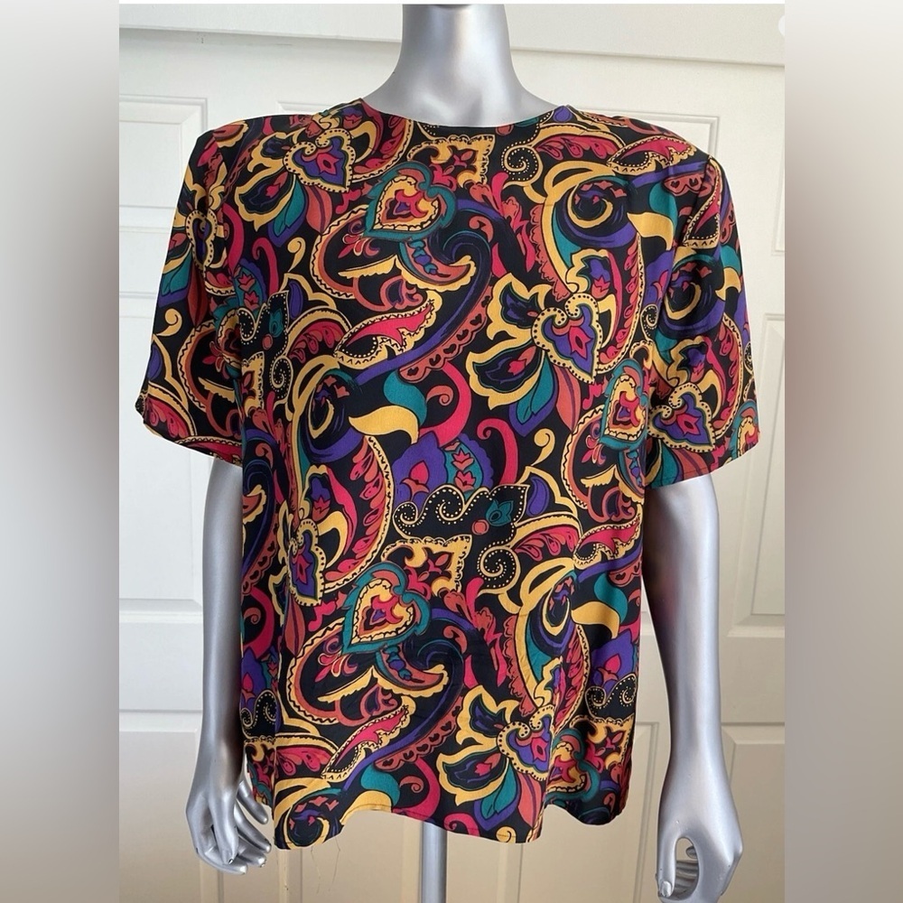 Anna And Frank Women’s Blouse Floral Size Large Short Sleeve 100% Silk Vintage